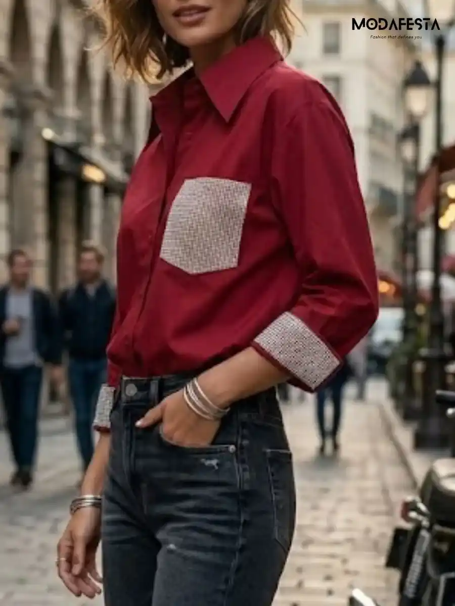 ModaFesta -elegant shirt-sequence-on-pocket-and-cuff-red